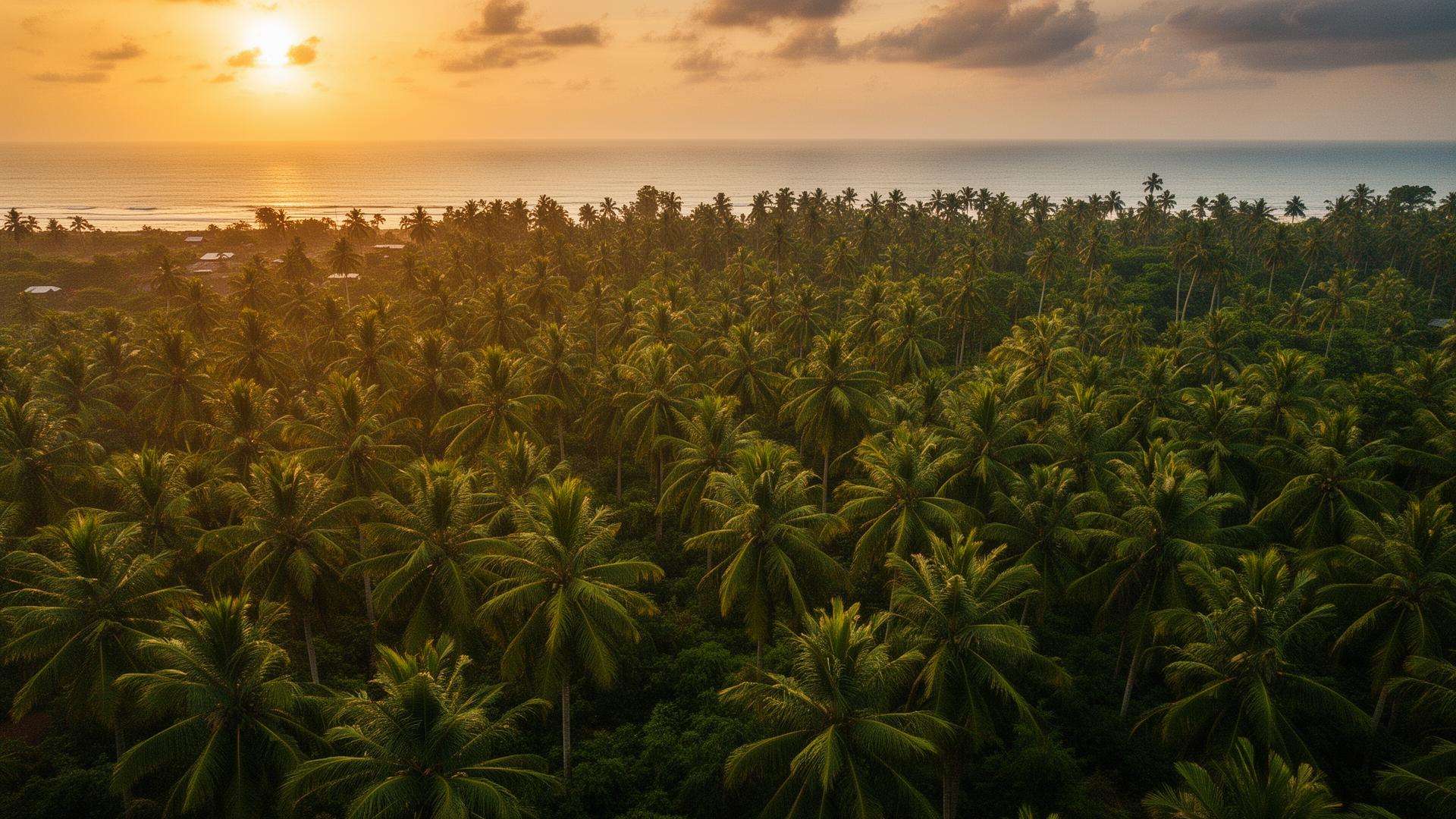 Coastal coconut plantation in Aiyinasi at golden hour